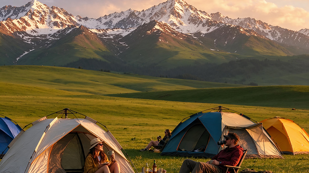 Camping on grassland with snow mountains