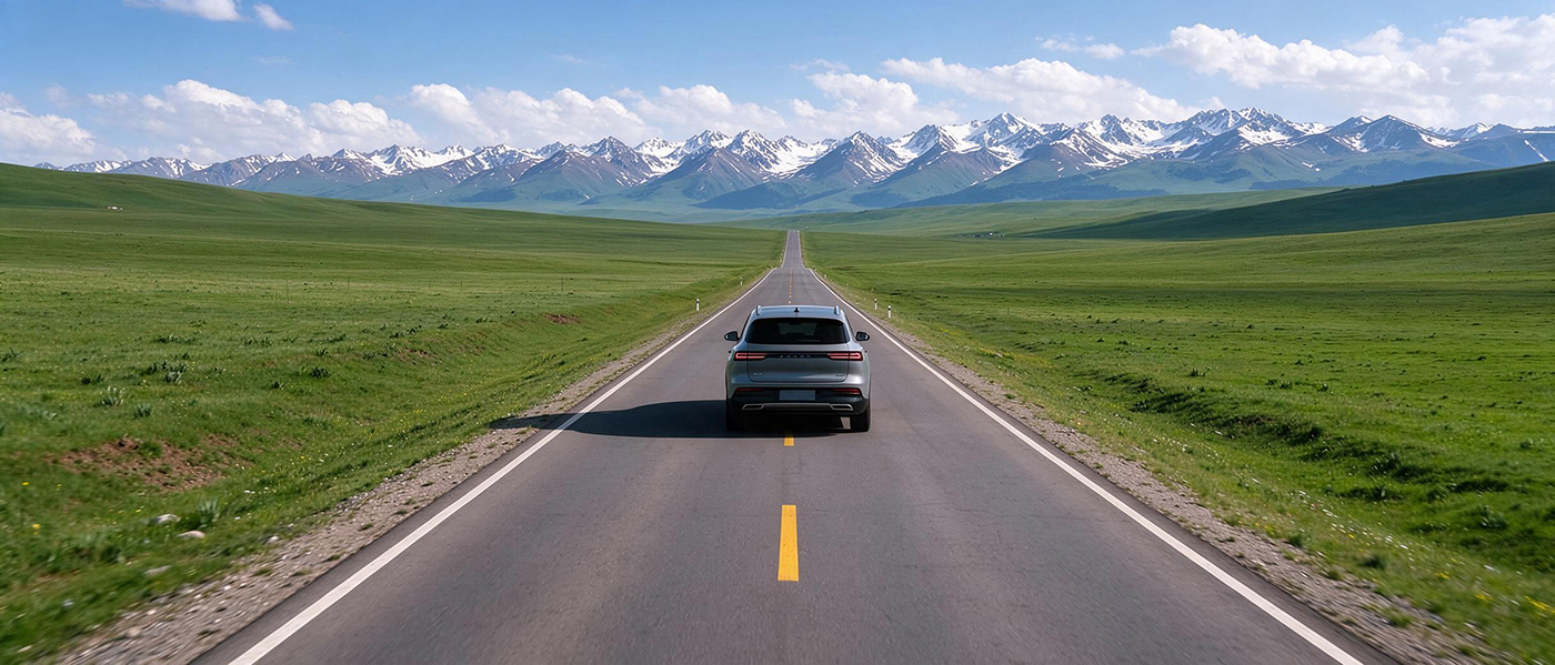 Car driving across grassland road