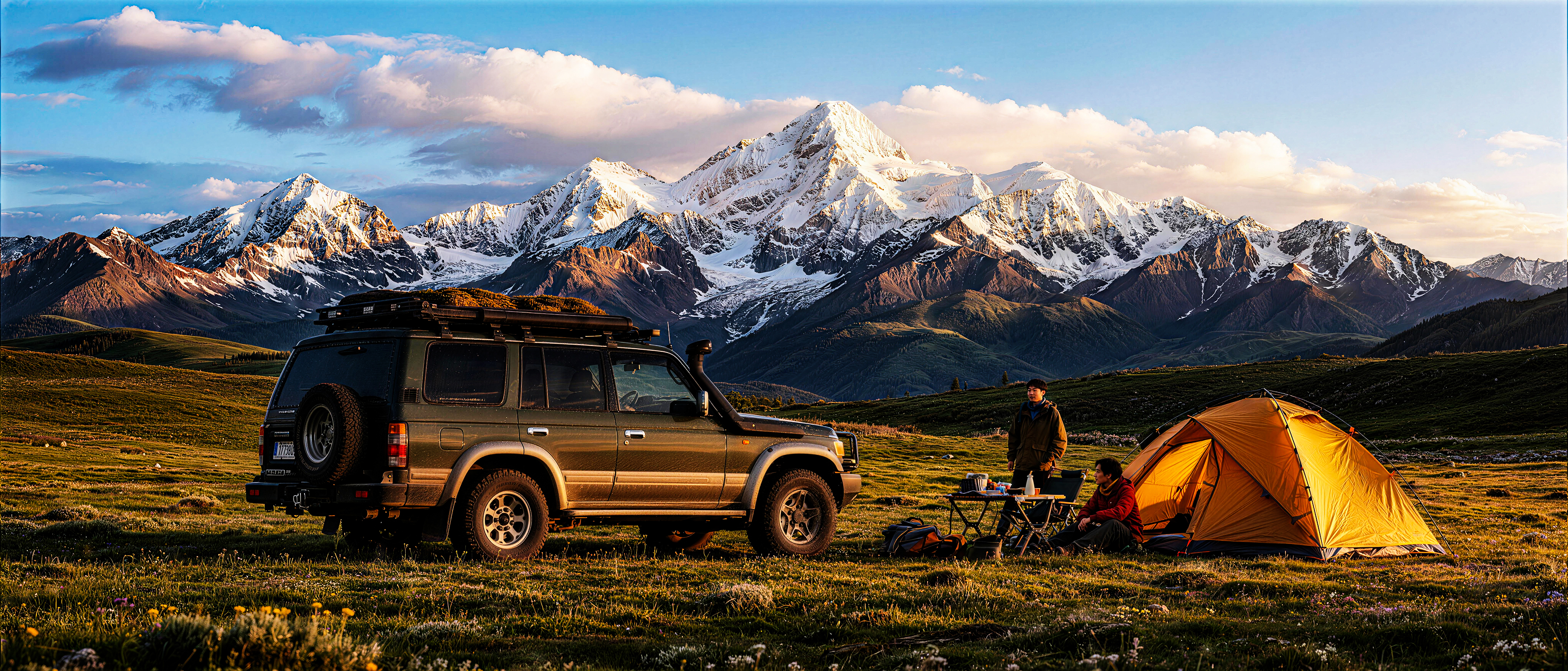 Off-road vehicle and tent on highland grassland with snow mountains