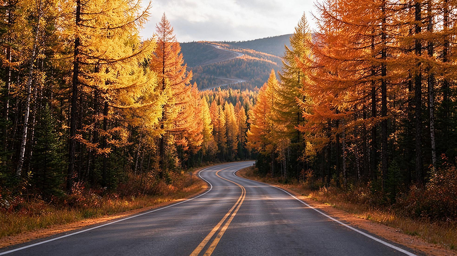 Road through golden autumn forest