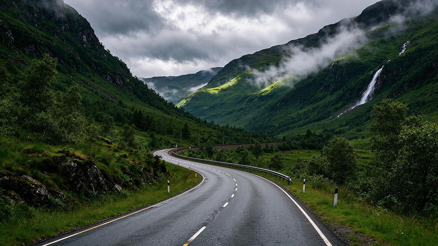 Winding mountain road through a green valley
