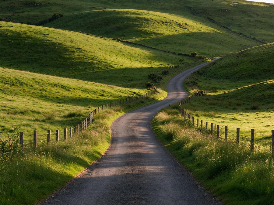 Quiet road through green hills